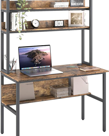 47 Inch Computer Desk with Desktop Wireless Charger, Home Office Desk with Bookshelf, Writing Desk with Storage Shelves for Home Office, Craft Table with Hutch Rustic - LeafyLoom