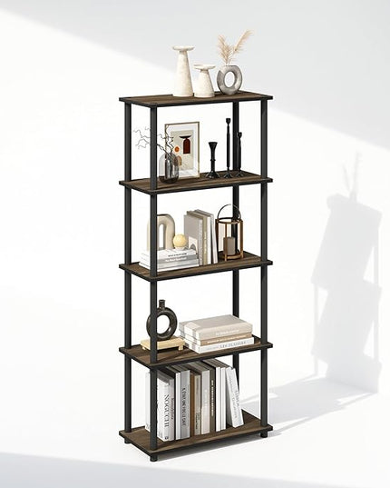 Furinno Turn-N-Tube 5-Tier Multipurpose Compact Display Rack, Shelving Unit, Bookcase, Columbia Walnut/Black - LeafyLoom