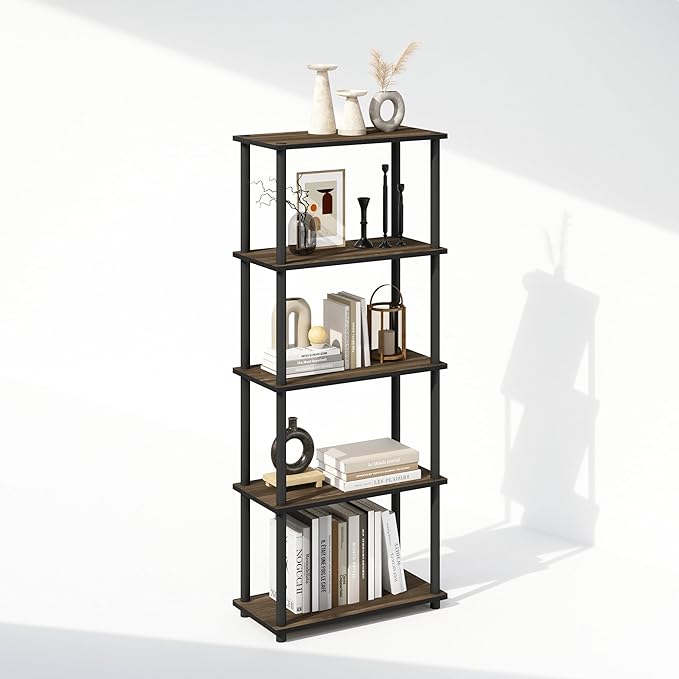 Furinno Turn-N-Tube 5-Tier Multipurpose Compact Display Rack, Shelving Unit, Bookcase, Columbia Walnut/Black - LeafyLoom