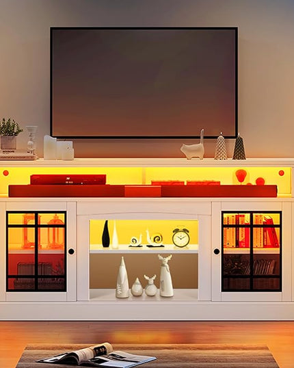 YITAHOME White TV Stand for 75/65 Inch TVs, 32'' Tall Mid Century Modern TV Cabinet with Adjustable Shelves and Glass Doors, Modern Entertainment Center TV Media Console Table for Living Room - LeafyLoom
