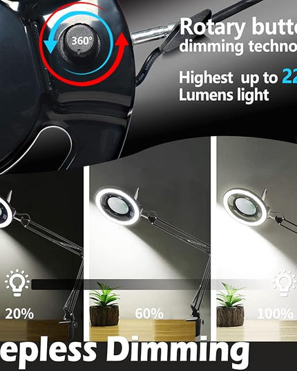10X Magnifying Glass with Light, KIRKAS 2,200 Lumens LED Magnifying Lamp with Clamp, Stepless Dimmable Real Glass Lens Magnifier, Adjustable Arm Workbench Light for Close Work Hobby Repair - Black - LeafyLoom