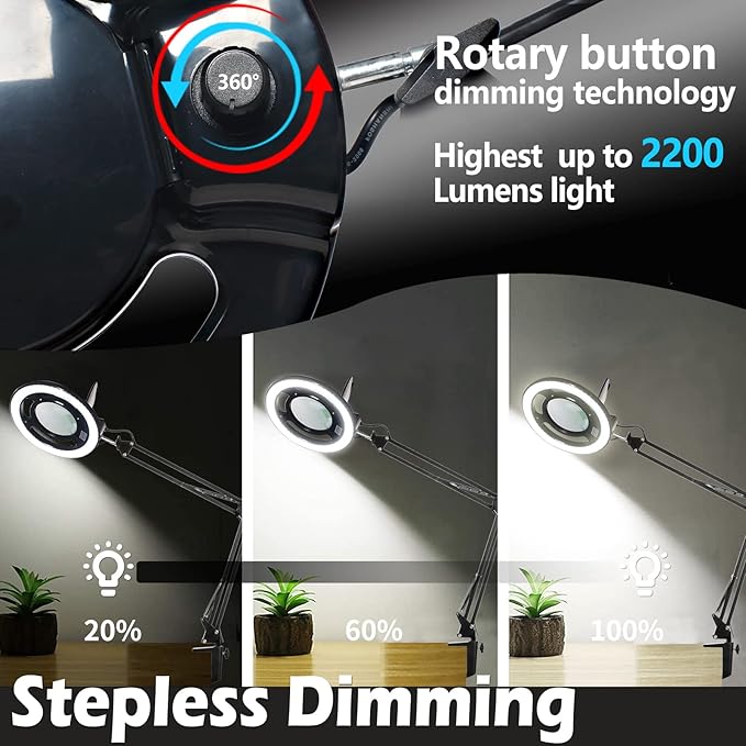 10X Magnifying Glass with Light, KIRKAS 2,200 Lumens LED Magnifying Lamp with Clamp, Stepless Dimmable Real Glass Lens Magnifier, Adjustable Arm Workbench Light for Close Work Hobby Repair - Black - LeafyLoom