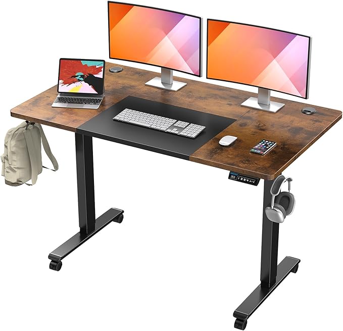 MOUNTUP 55x28 Inches Electric Height Adjustable Standing Desk, Sit Stand Desk with Memory Controller, Ergonomic Stand Up Desk for Home Office with Splice Board, Rustic Brown+Black - LeafyLoom
