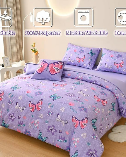 Butterfly Bedding Set Full, Purple Butterfly Comforter Set for Girls Kids Teens 6 pcs Bed in a Bag Full Bedding Sets for Girls - LeafyLoom