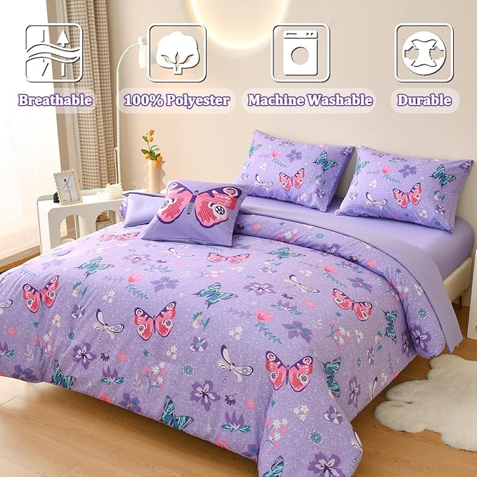 Butterfly Bedding Set Full, Purple Butterfly Comforter Set for Girls Kids Teens 6 pcs Bed in a Bag Full Bedding Sets for Girls - LeafyLoom