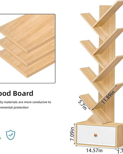 8 Tier Tree Bookshelf with Drawer, Free Standing Wood Bookcase for Narrow Space, Storage Organizer Bookshelves for Books, Book Case for Home Office, Living Room, Bedroom - Natural - LeafyLoom