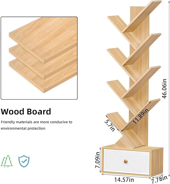 8 Tier Tree Bookshelf with Drawer, Free Standing Wood Bookcase for Narrow Space, Storage Organizer Bookshelves for Books, Book Case for Home Office, Living Room, Bedroom - Natural - LeafyLoom