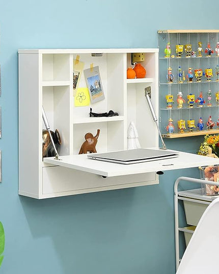 2 in 1 Foldable Tabletop, Folding Wall Mount Laptop Storage Compartments Space Saving Floating Desk, Small, White - LeafyLoom