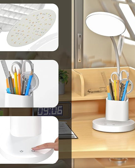 comzler Small Desk Lamp for Kids, LED Desk Lamps with Pen Phone Holder, White Desk Light for Home Office,8W 3 Modes Dimmable LED Desk Light for Kids, Desktop Study Lamps for Bedrooms - LeafyLoom