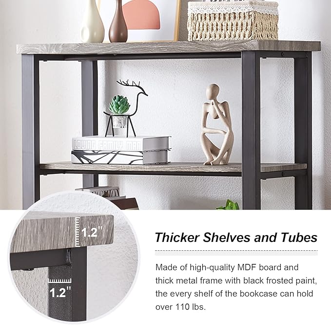 HOMBAZAAR Bookshelf, 4-Tier Vintage Industrial Book Shelf, Rustic Wood and Metal Bookcase and Bookshelves, Free Standing Storage Large Bookshelf for Living Room, Bedroom and Kitchen, Grey Oak - LeafyLoom