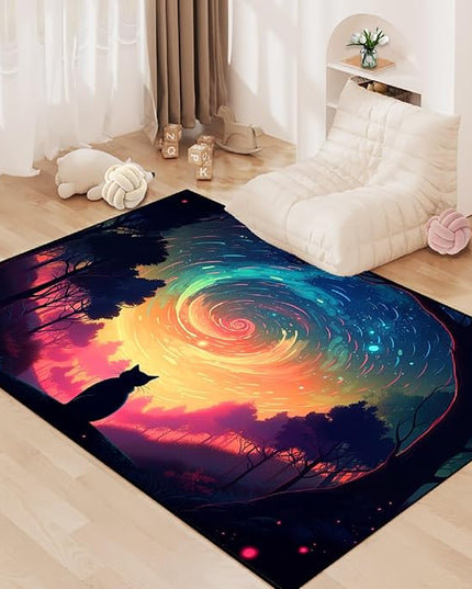 Moon Black Cat Rug - Mystical Stary Night Cat Rug for Kids Bedroom Colorful Black Cat Rug Decor Room Cat Door Mats Outdoor Entrance, 4.5x6 Feet - LeafyLoom
