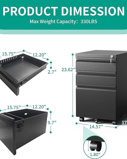 3 Drawers Mobile File Cabinet, Rolling File Cabinet Fully Assembled Under Desk, Metal Filing Cabinet with Lock for Home Office Organizer Letters/Legal/A4 (Black) - LeafyLoom