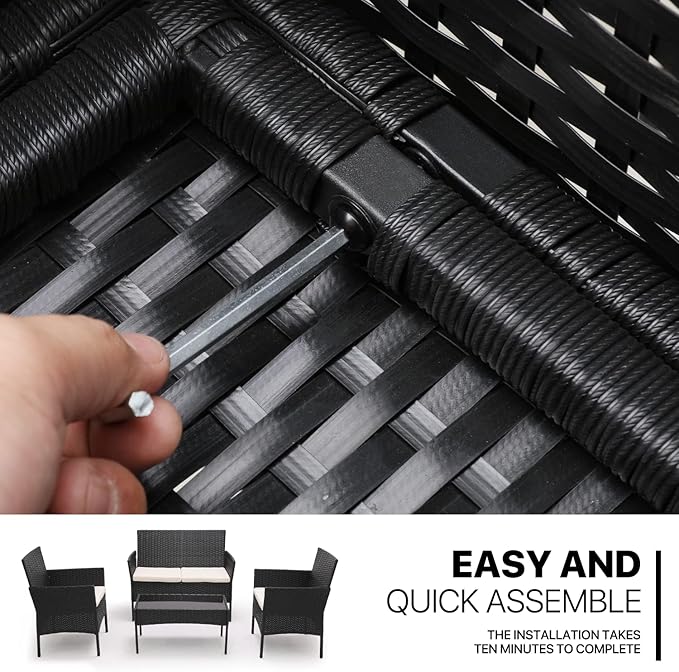 MoNiBloom 4 Pieces Patio Furniture Sets, Non Slip Foot Pads Wicker Rattan Sofa Chair with Soft Cushions and Sturdy Coffee Table for Backyard Porch Garden Poolside Balcony, Capacity 250 lbs, Black - LeafyLoom