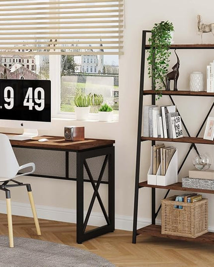 BON AUGURE Ladder Shelf Bookcase, 5-Tier Industrial Ladder Bookshelf, Tall Living Room Shelves, Wood and Metal Leaning Shelf for Home Office, Kitchen, Bedroom, Balcony (Rustic Oak) - LeafyLoom