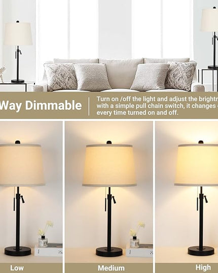 Bedside Table Lamps Set of 2: Tall Black Table Lamps for Living Room End Table | Height Adjustable 3-Way Dimmable Nightstand Lamp with Pull Chain Switch Modern Lamps for Bedroom Office(Bulbs Included) - LeafyLoom