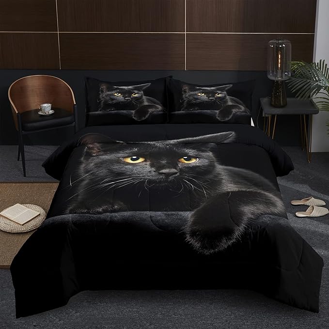 NINENINE Cat Comforter Bedding Set Twin for Girls Kids,Black Cat Lying on The Black Sofa Pattern Printed Bedding Set,Black Comforter Set,Soft Breathable Microfiber Quilt with Matching Pillowcase#5005 - LeafyLoom