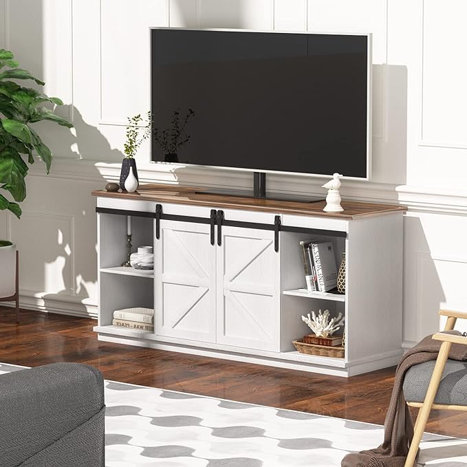 YESHOMY Farmhouse TV Stand and Entertainment Center for Televisions up to 65 Inchs, with Sliding Barn Doors and Storage Cabinets, Console Table and Media Furniture for Living Room, 58 Inch, Milk White - LeafyLoom