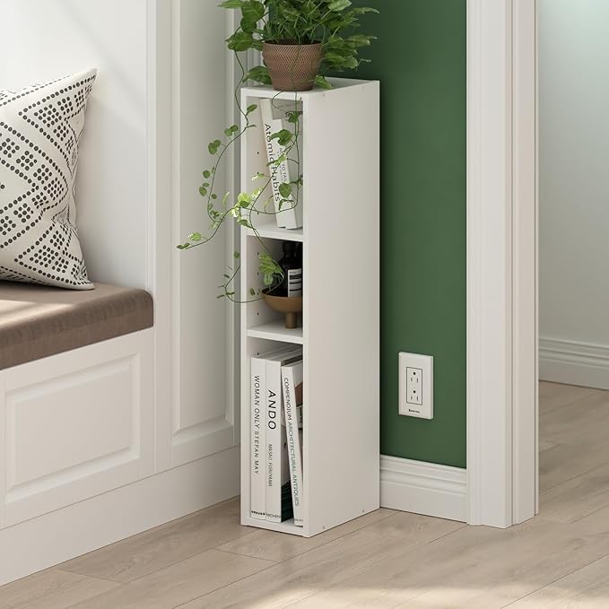 Furinno Fulda 3-Tier Space Saving Storage Shelf Bookcase, 6-Inch Width, White - LeafyLoom