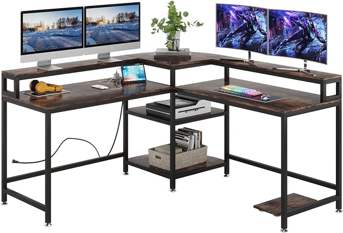 TIYASE L Shaped Desk with Power Outlet and USB Port, 59 in L-Shaped Computer Corner Desk with Storage Shelves, Home Office Desk Workstation with Monitor Stand, Tower Shelf, Rustic Brown - LeafyLoom