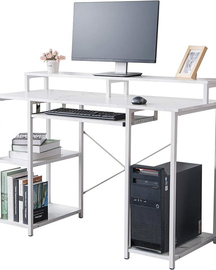 TOPSKY Compact Computer Desk with Storage Shelves/Keyboard Tray/Monitor Stand Study Table for Home Office (White marble texture., 46.5 * 19 inch) - LeafyLoom