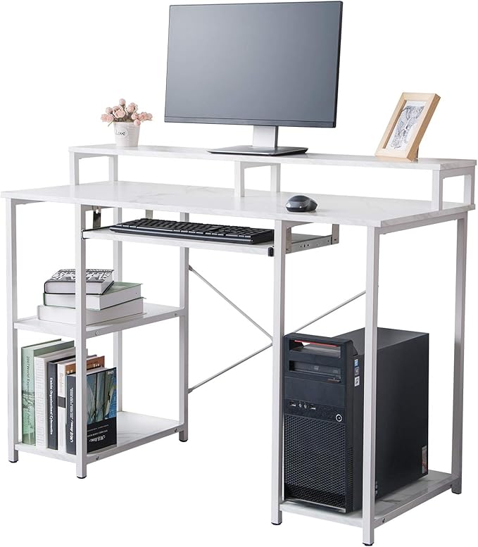 TOPSKY Compact Computer Desk with Storage Shelves/Keyboard Tray/Monitor Stand Study Table for Home Office (White marble texture., 46.5 * 19 inch) - LeafyLoom