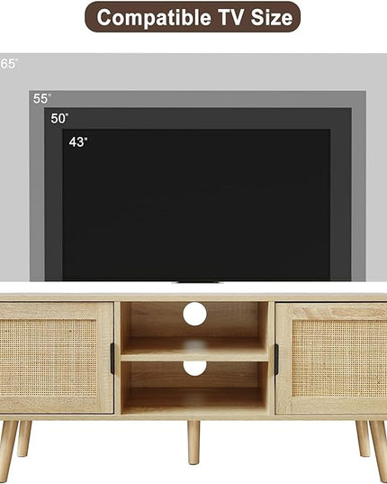 Anmytek Farmhouse Rattan TV Stand Modern Wood Media Entertainment Center Console Table for TVs up to 55 Inches with 2 Doors and 2 Open Shelves, Natural Oak, H0015 - LeafyLoom
