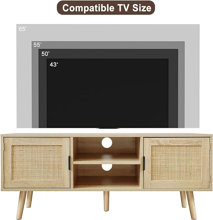 Anmytek Farmhouse Rattan TV Stand Modern Wood Media Entertainment Center Console Table for TVs up to 55 Inches with 2 Doors and 2 Open Shelves, Natural Oak, H0015 - LeafyLoom