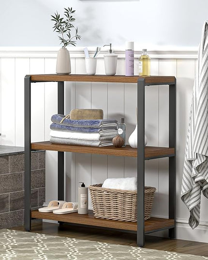 FOLUBAN Small Bookshelf and Bookcase, 3 Tier Low Short Book Shelf, Industrial Metal and Wood Book Case for Living Room Bedroom, Rustic Walnut - LeafyLoom