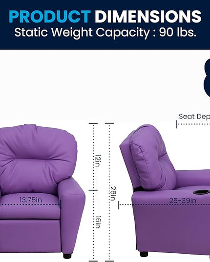 Flash Furniture Chandler Vinyl Kids Recliner with Cup Holder and Safety Recline, Contemporary Reclining Chair for Kids, Supports up to 90 lbs., Lavender - LeafyLoom