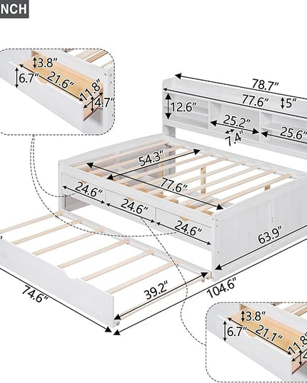 Full Captains Bed with 3 Storage Drawers and Trundle, Wood Daybed with Built-in Bookshelves for Bedroom Living Room, White - LeafyLoom