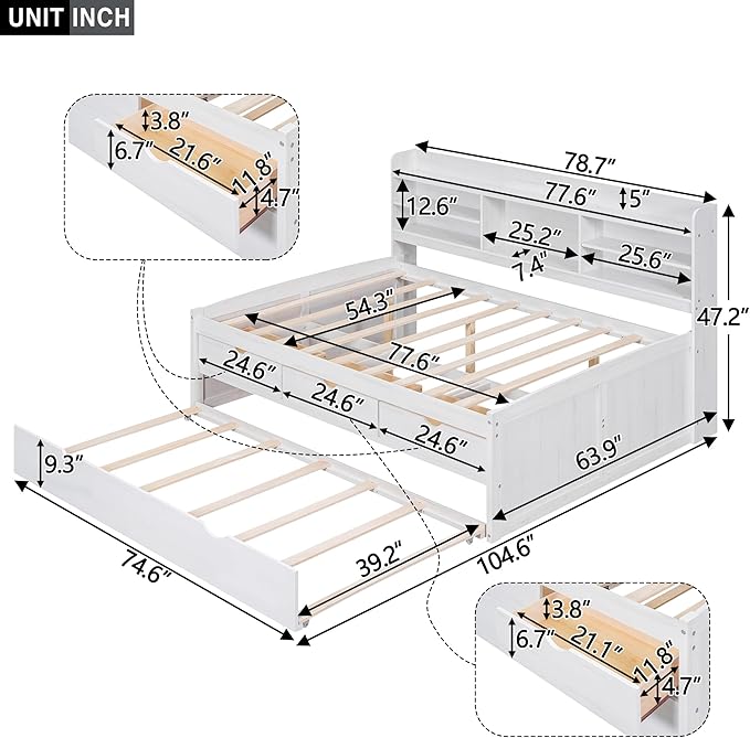 Full Captains Bed with 3 Storage Drawers and Trundle, Wood Daybed with Built-in Bookshelves for Bedroom Living Room, White - LeafyLoom