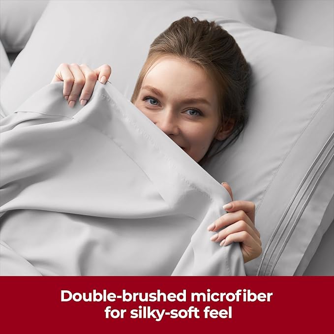 Mellanni Extra Deep Split King Sheets - 5 PC Iconic Collection Bedding Sheets & Pillowcases - Hotel Luxury, Ultra Soft, Cooling Bed Sheets - Extra Deep Pocket up to 21 inch (Split King, Light Gray) - LeafyLoom
