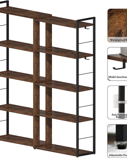 5 Tier Bookshelf Wood Bookcase with 2 Hooks Modern Corner Bookshelf Library Industrial Shelving Book Case Adjustable Book Shelves for Bedroom Living Room Home Office Rustic Brown - LeafyLoom