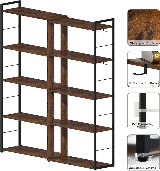 5 Tier Bookshelf Wood Bookcase with 2 Hooks Modern Corner Bookshelf Library Industrial Shelving Book Case Adjustable Book Shelves for Bedroom Living Room Home Office Rustic Brown - LeafyLoom