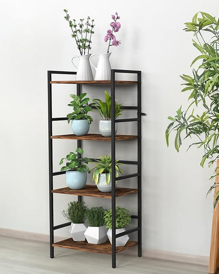 CADUKE Bookcase 4 Tier Bookshelf with Storage Industrial Open Etagere Bookcase Wood Metal Book Shelf Stand Brown Bookshelves for Living Room Bedroom Office - LeafyLoom