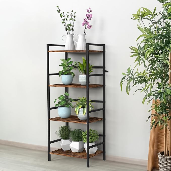 CADUKE Bookcase 4 Tier Bookshelf with Storage Industrial Open Etagere Bookcase Wood Metal Book Shelf Stand Brown Bookshelves for Living Room Bedroom Office - LeafyLoom