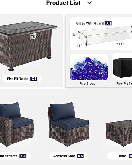 Kullavik 13 Pieces Outdoor Patio Furniture Set with 43" 55000BTU Gas Propane Fire Pit Table PE Wicker Rattan Sectional Sofa Patio Conversation Sets,Navy blue - LeafyLoom