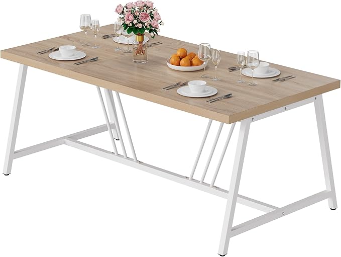 DWVO Farmhouse Dining Table for 6-8 People, 70.9 Inch Large Rectangular Wood Kitchen Table with Heavy Duty Metal Legs, Industrial Rustic Dinner Table for Dining Room, Living Room, Washed Grey - LeafyLoom