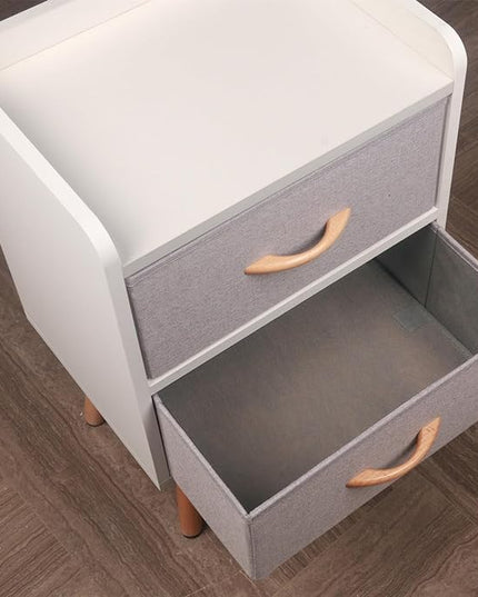 LUCKNOCK NightStand with 2 Fabric Drawers, Bedside Table with Solid Wood Legs, Minimalist and Practical End Side Table for Bedroom, White. - LeafyLoom