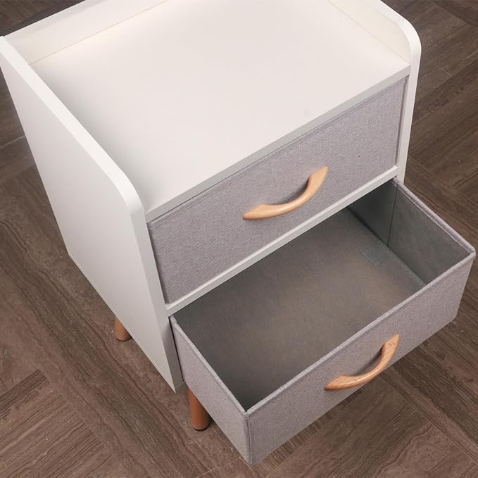 LUCKNOCK NightStand with 2 Fabric Drawers, Bedside Table with Solid Wood Legs, Minimalist and Practical End Side Table for Bedroom, White. - LeafyLoom