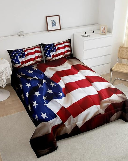 Erosebridal American Flag Comforter Set, United States Down Comforter Queen Size for Kids Boys Teens, USA Federations Stars Bedding Set Geometric Stripes Quilted Duvet for Bedroom, Blue White and Red - LeafyLoom