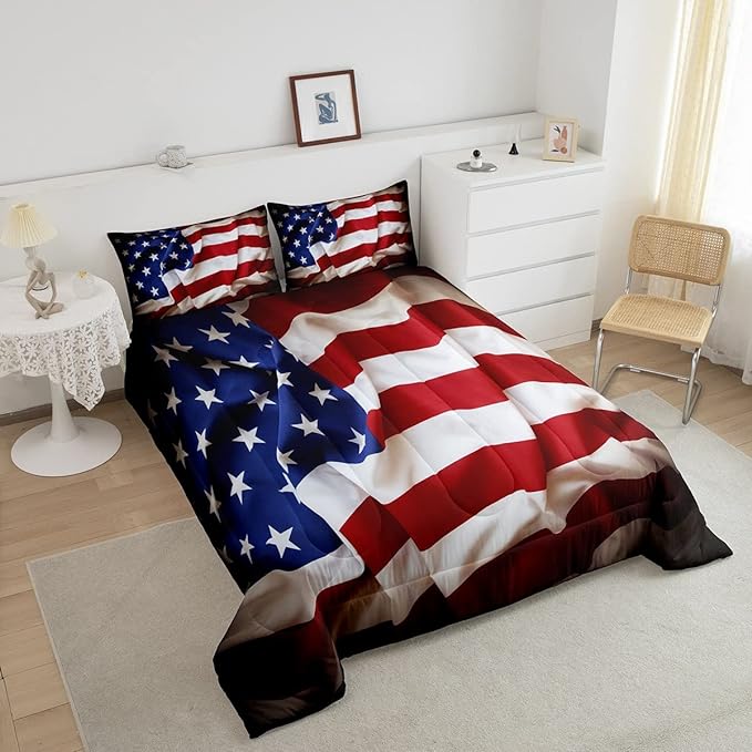 Erosebridal American Flag Comforter Set, United States Down Comforter Queen Size for Kids Boys Teens, USA Federations Stars Bedding Set Geometric Stripes Quilted Duvet for Bedroom, Blue White and Red - LeafyLoom