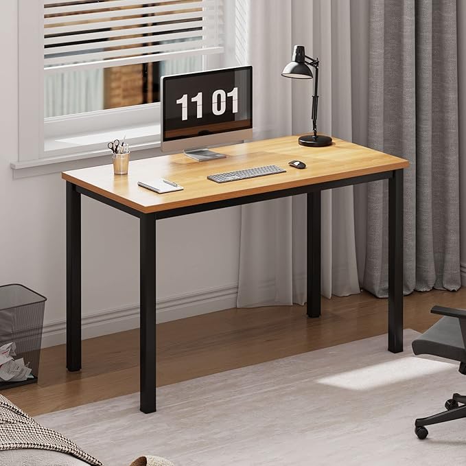 Need Small Desk, 39.4 inches Sturdy Writing Desk for Small Spaces, Small Computer Desk Teens Desk Study Table Laptop Desk Home Ofice Desk, Black Metal Frame, Teak - LeafyLoom