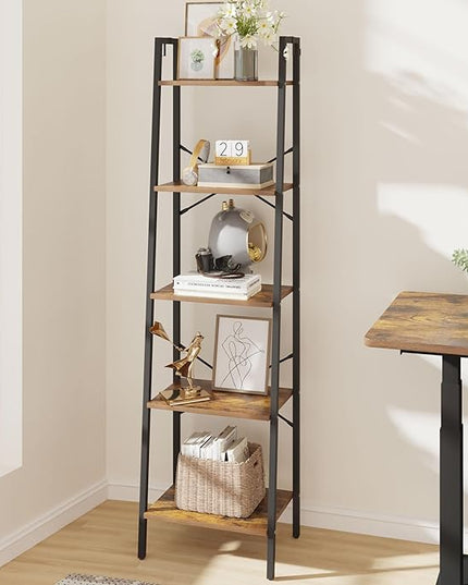 Ladder Shelf, Bookshelf Bookcase, Freestanding Corner Storage Shelve with 2 Hooks for Home Office, Living Room, Kitchen, Bedroom, Industrial, 5-Tier Rustic Brown BC19201B - LeafyLoom