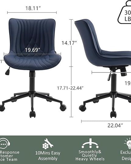 YOUTASTE Office Chair Modern Armless Desk Chair with Wheels, Height Adjustable Swivel Rocking Computer Gaming Task Chair, Upholstered Faux Leather Sewing Chair with Ergonomic Back, Navy Purple - LeafyLoom