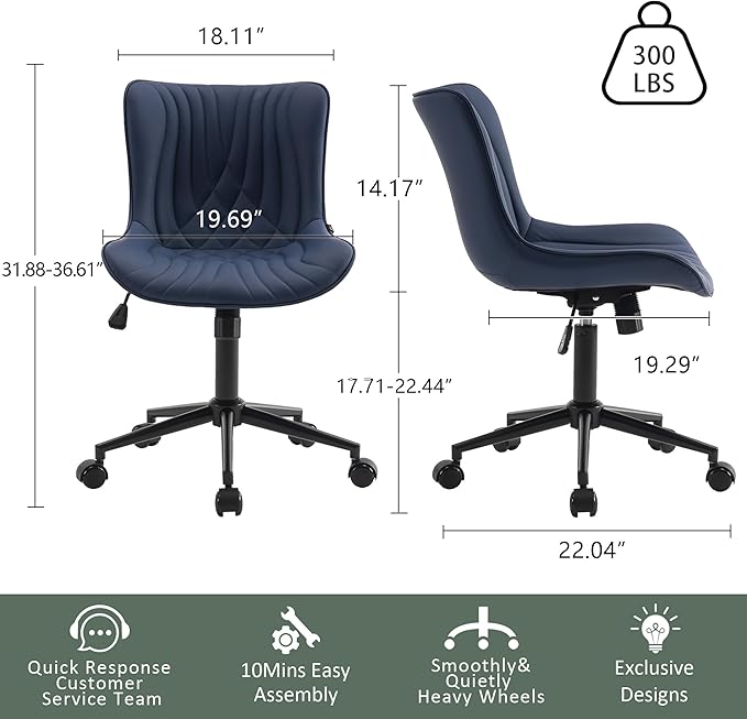 YOUTASTE Office Chair Modern Armless Desk Chair with Wheels, Height Adjustable Swivel Rocking Computer Gaming Task Chair, Upholstered Faux Leather Sewing Chair with Ergonomic Back, Navy Purple - LeafyLoom