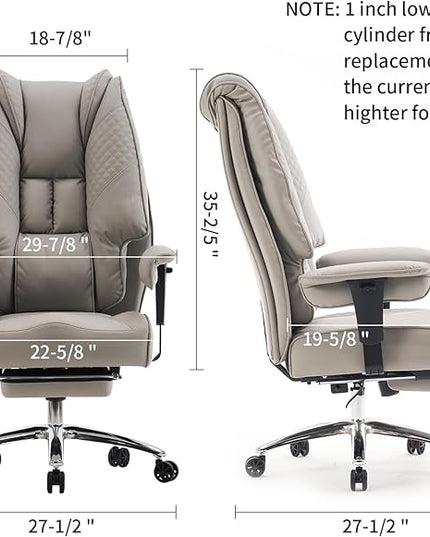 Big and Tall Office Chair 400lbs Wide Seat, Leather High Back Executive Office Chair with Foot Rest, Ergonomic Office Chair Lumbar Support for Lower Back Pain Relief (Light Grey) - LeafyLoom