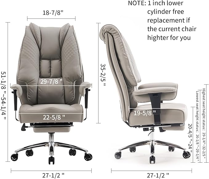Big and Tall Office Chair 400lbs Wide Seat, Leather High Back Executive Office Chair with Foot Rest, Ergonomic Office Chair Lumbar Support for Lower Back Pain Relief (Light Grey) - LeafyLoom