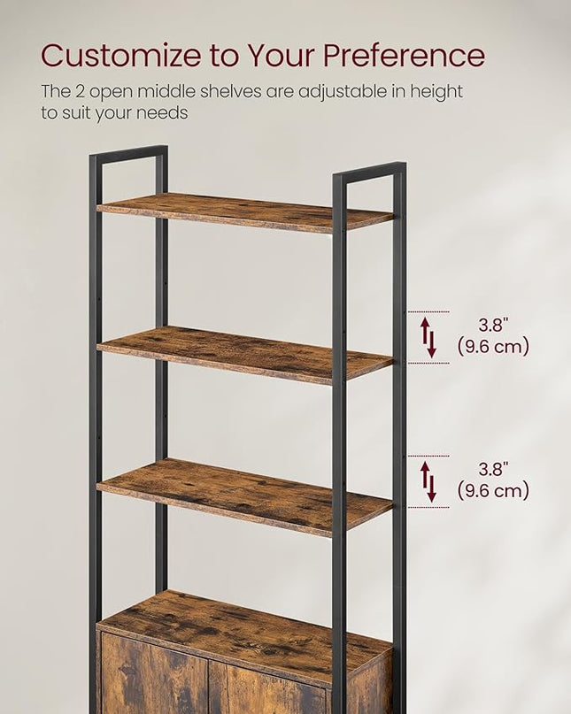 VASAGLE 6-Tier Bookshelf, Tall Bookcase with Door, Steel Frame, Adjustable Shelves, 9.4 x 23.6 x 62.8 Inches, Living Room Bedroom, Rustic Brown and Ink Black ULLS133K01 - LeafyLoom