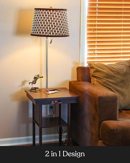 Brightech Madison Side Table with Lamp Combo, Desk Lamp with Wireless Charging Pad and USB Port, Bedside Reading Lamp, Nightstand Lamp with LED Bulb for Bedroom, Living Room, Office - Havana Brown - LeafyLoom